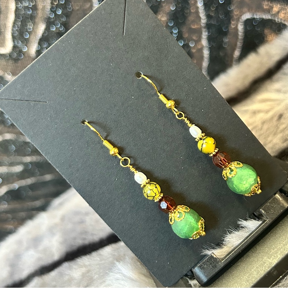 Handcrafted green crackle glass dragon vein agate genuine pearl earrings